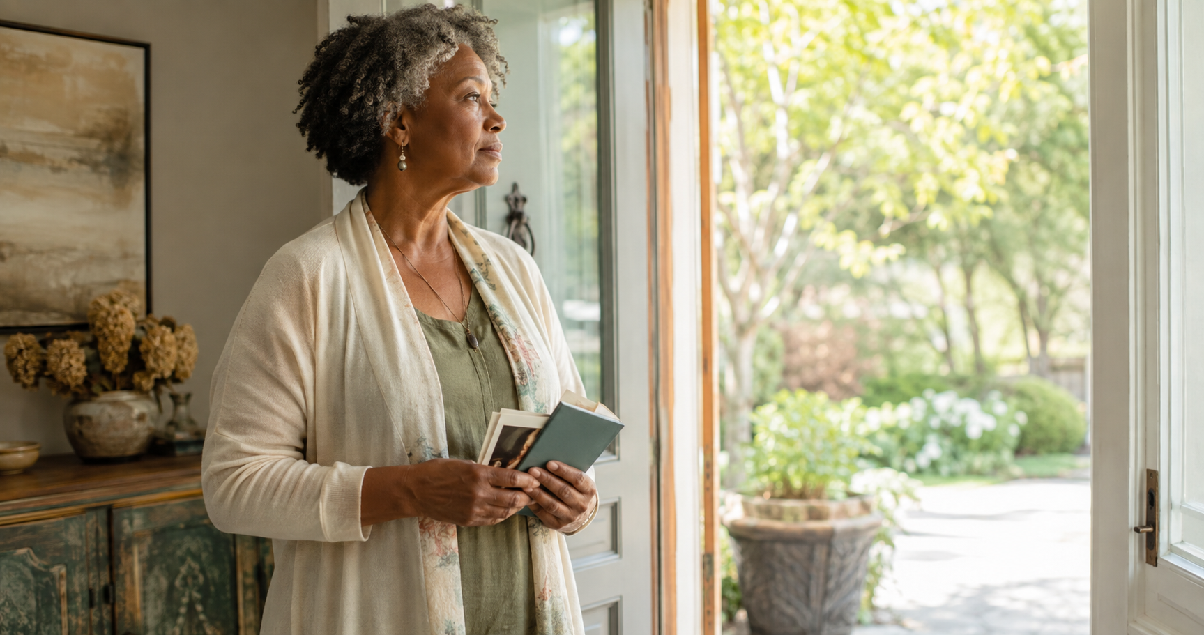 A woman holding family photographs and a journal as she looks toward an open sunlit doorway