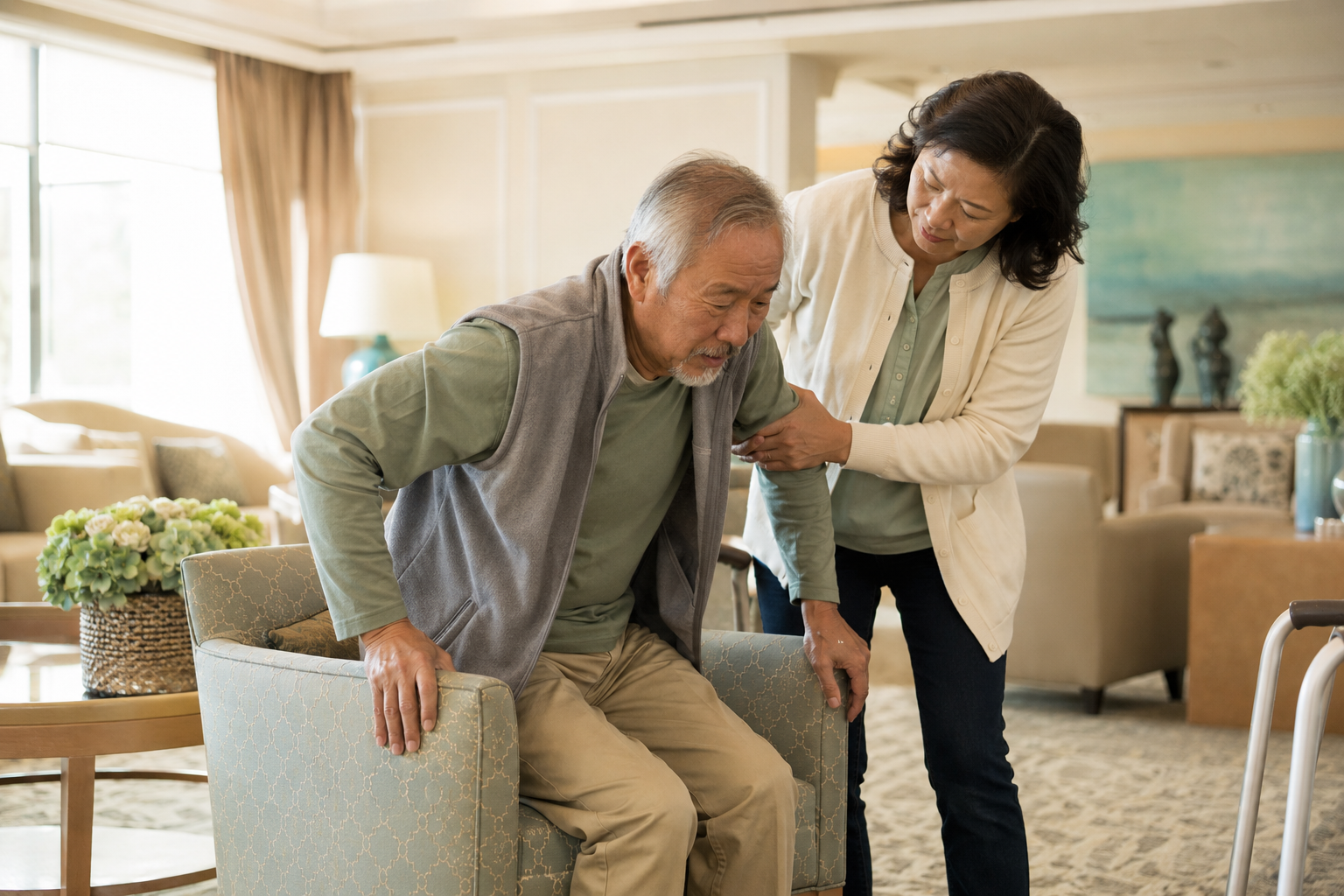 A woman carefully assisting an older man as he rises from a chair