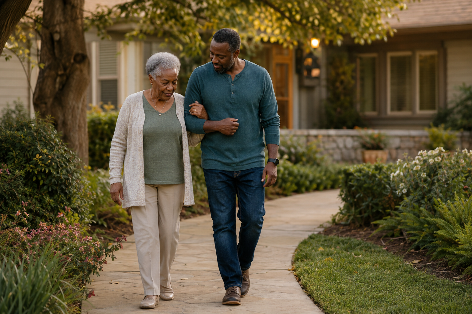 An adult son walking beside and supporting his older mother on a garden path